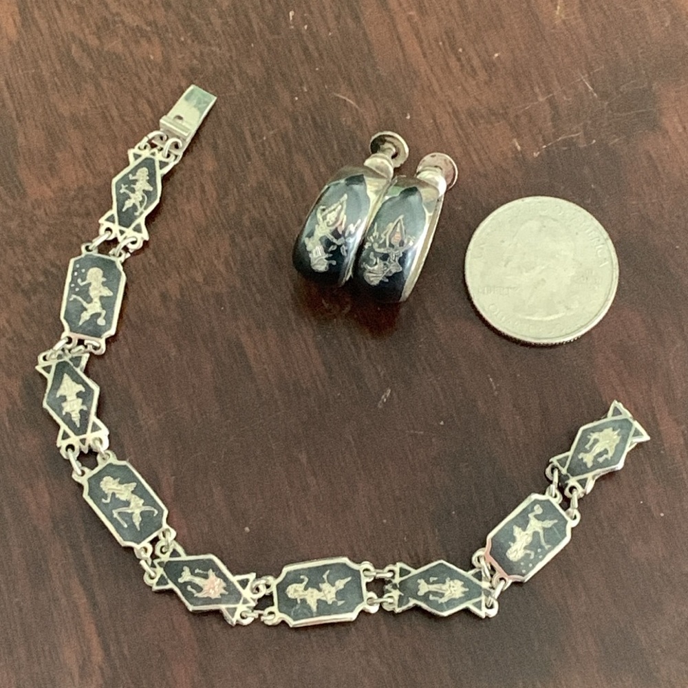 Vintage Thai Sterling Niello Dancers Bracelet and Earrings
